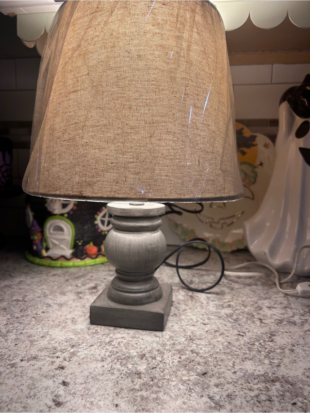 Gray Table Lamp with Beige Linen Shade